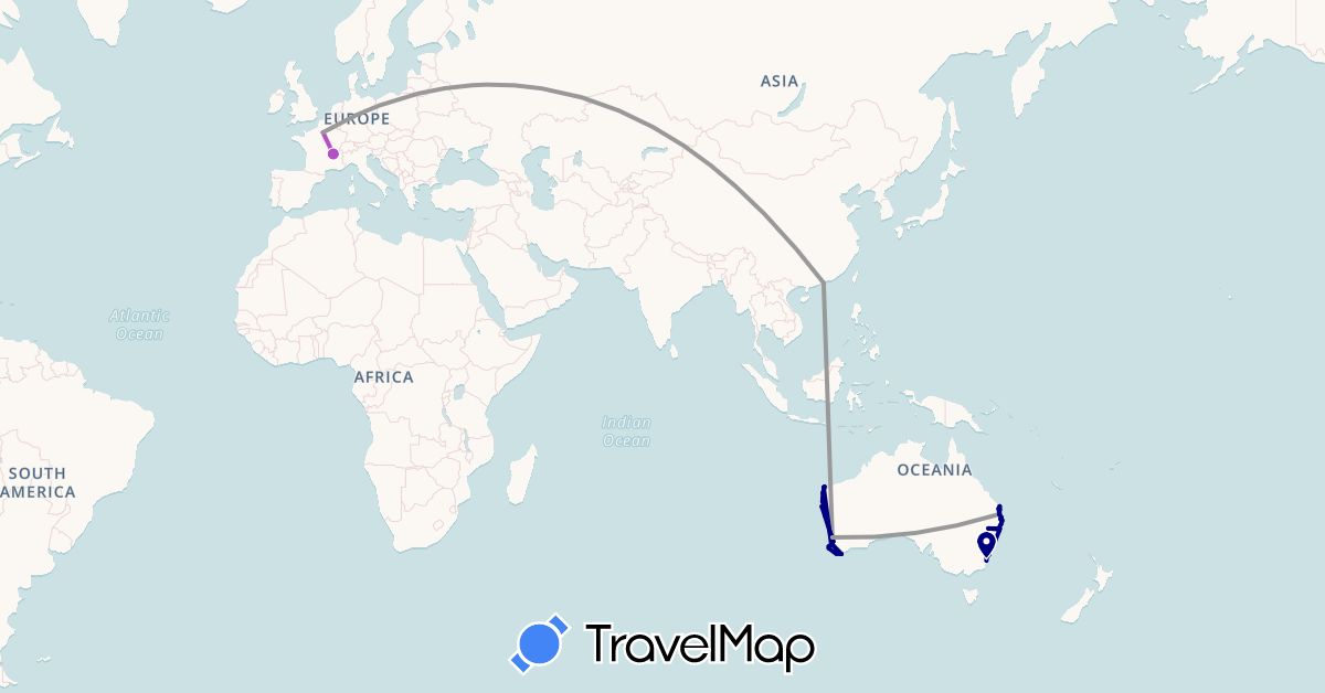 TravelMap itinerary: driving, plane, train in Australia, France, Hong Kong (Asia, Europe, Oceania)